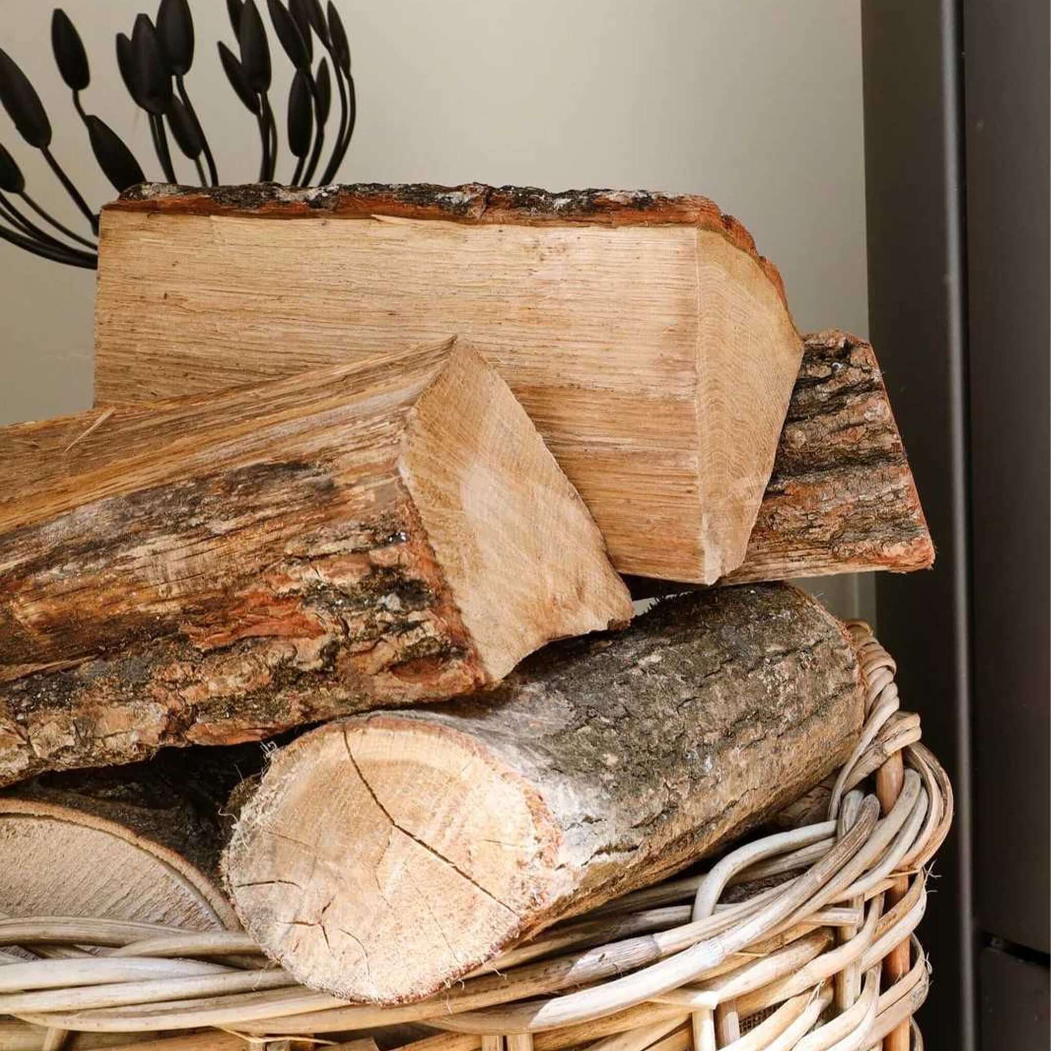 Stack of firewood in a wicker basket against a neutral background