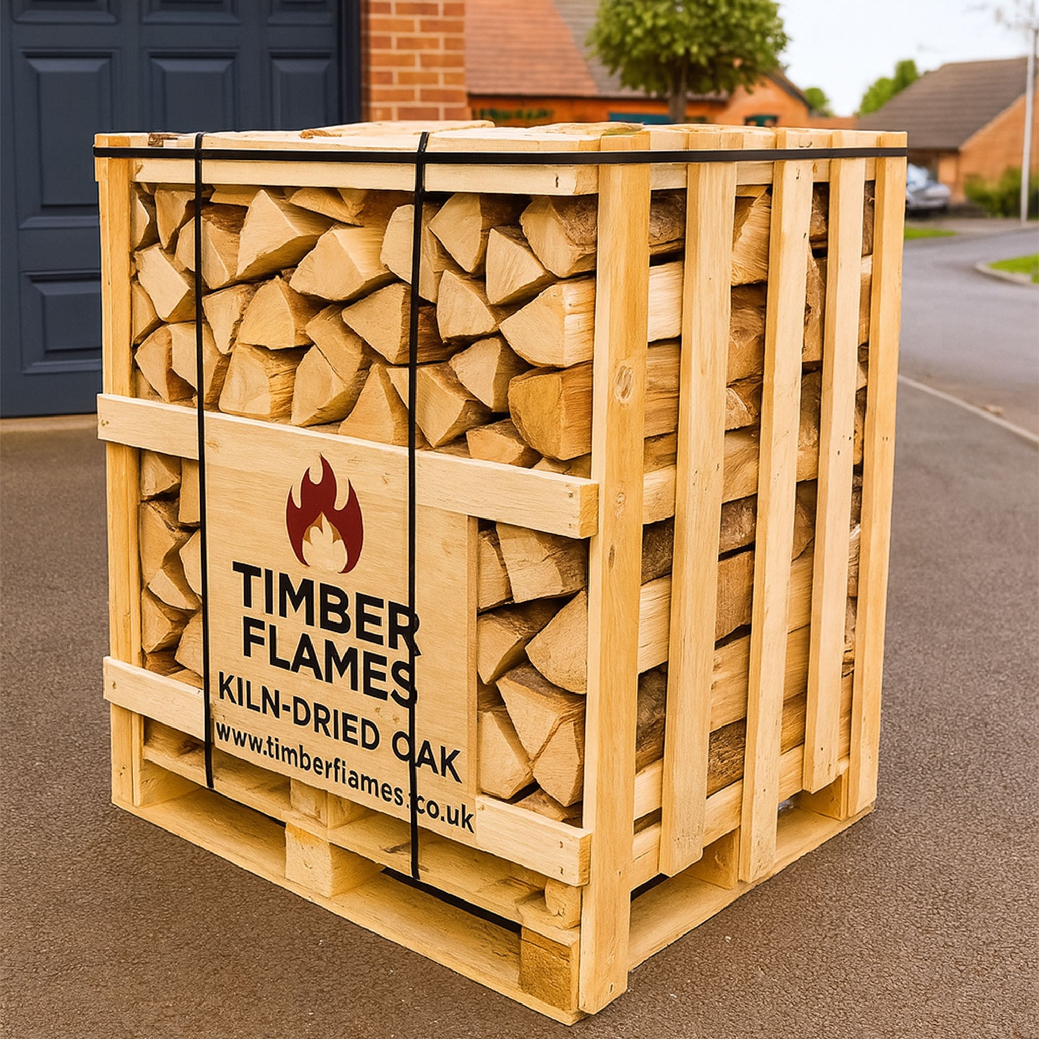 Stack of kiln-dried oak firewood in a wooden crate with Timber Flames branding.