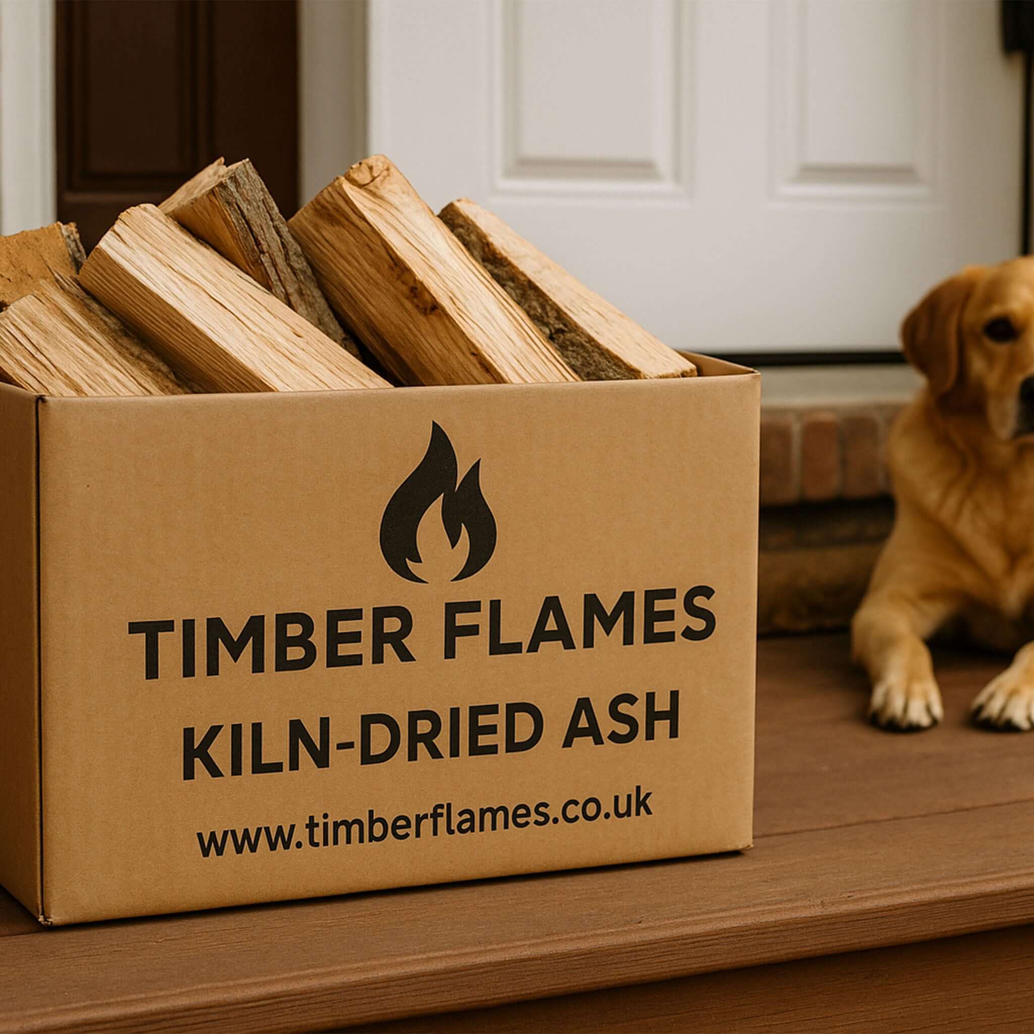 Box of Timber Flames kiln-dried ash logs with a dog in the background
