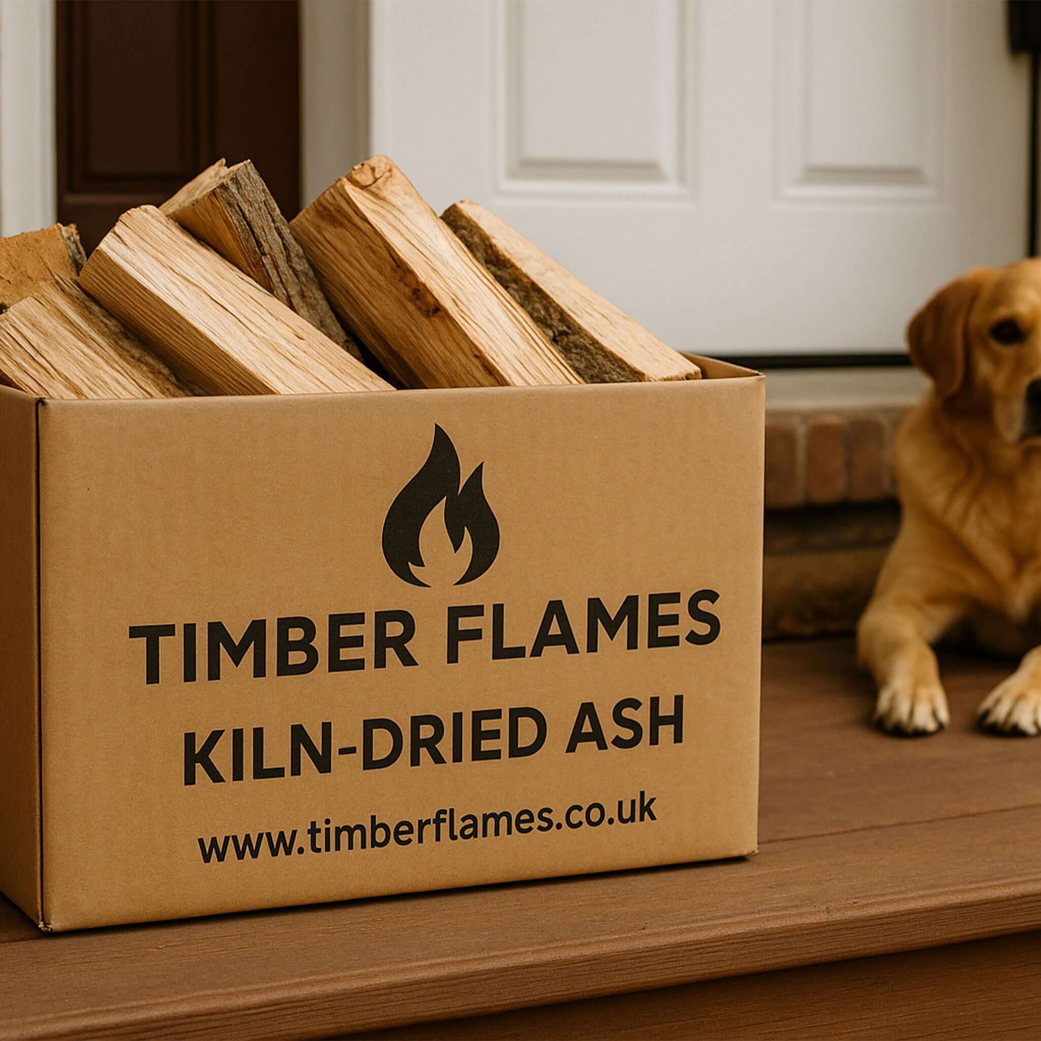 Box of Timber Flames kiln-dried ash with a dog in the background