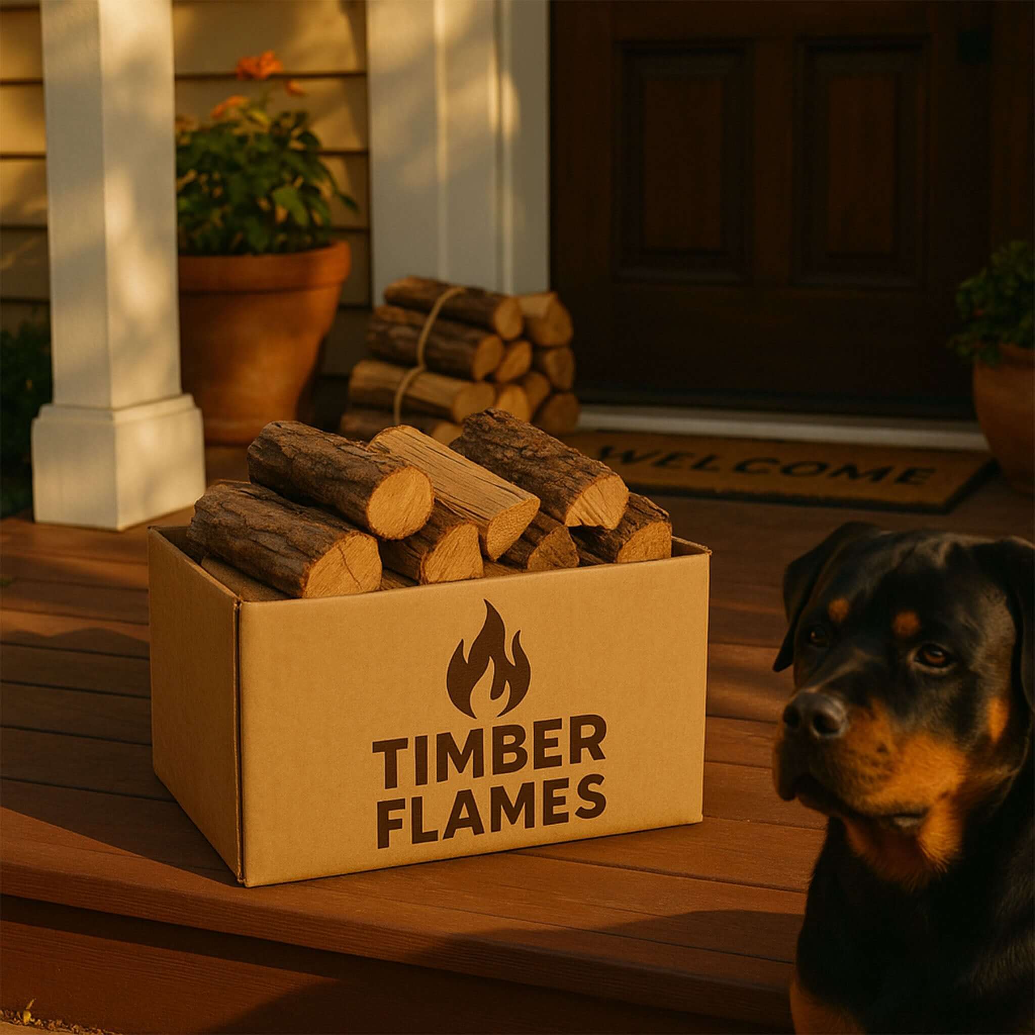 Box of Timber Flames firewood on a porch with a dog looking at it