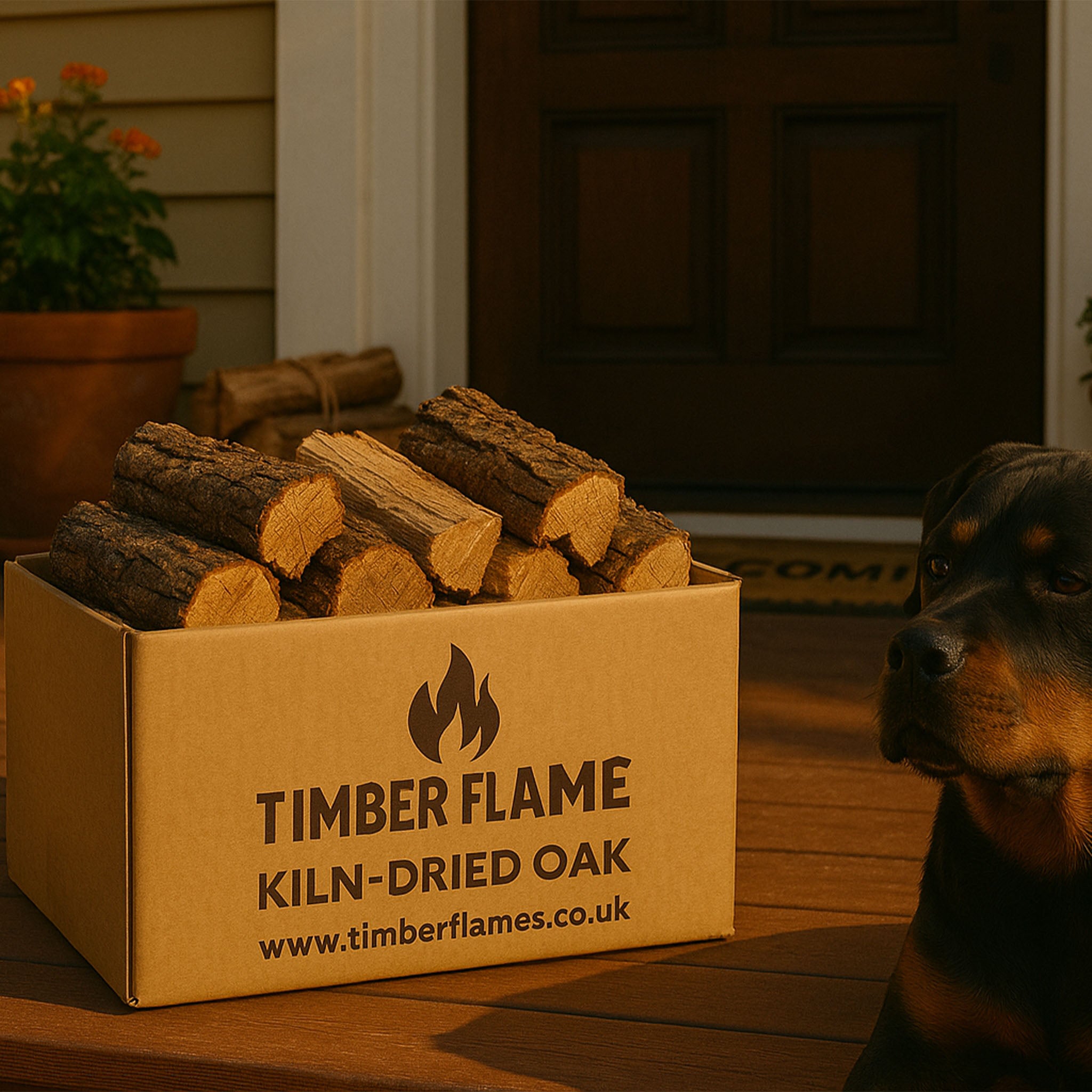 Box of Timber Flame kiln-dried oak logs with a dog in the foreground