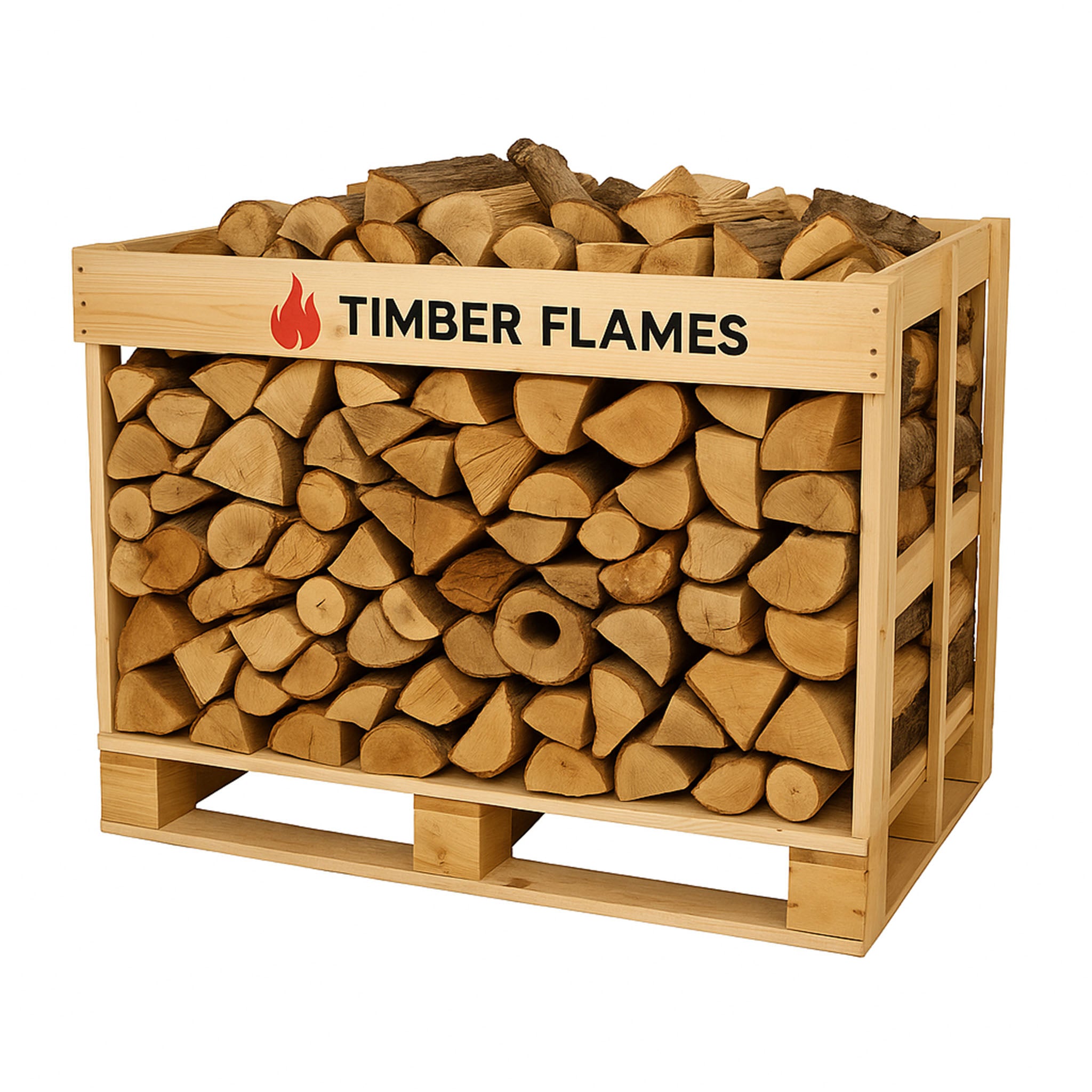 Wooden firewood storage box filled with logs and 'Timber Flames' branding on a white background