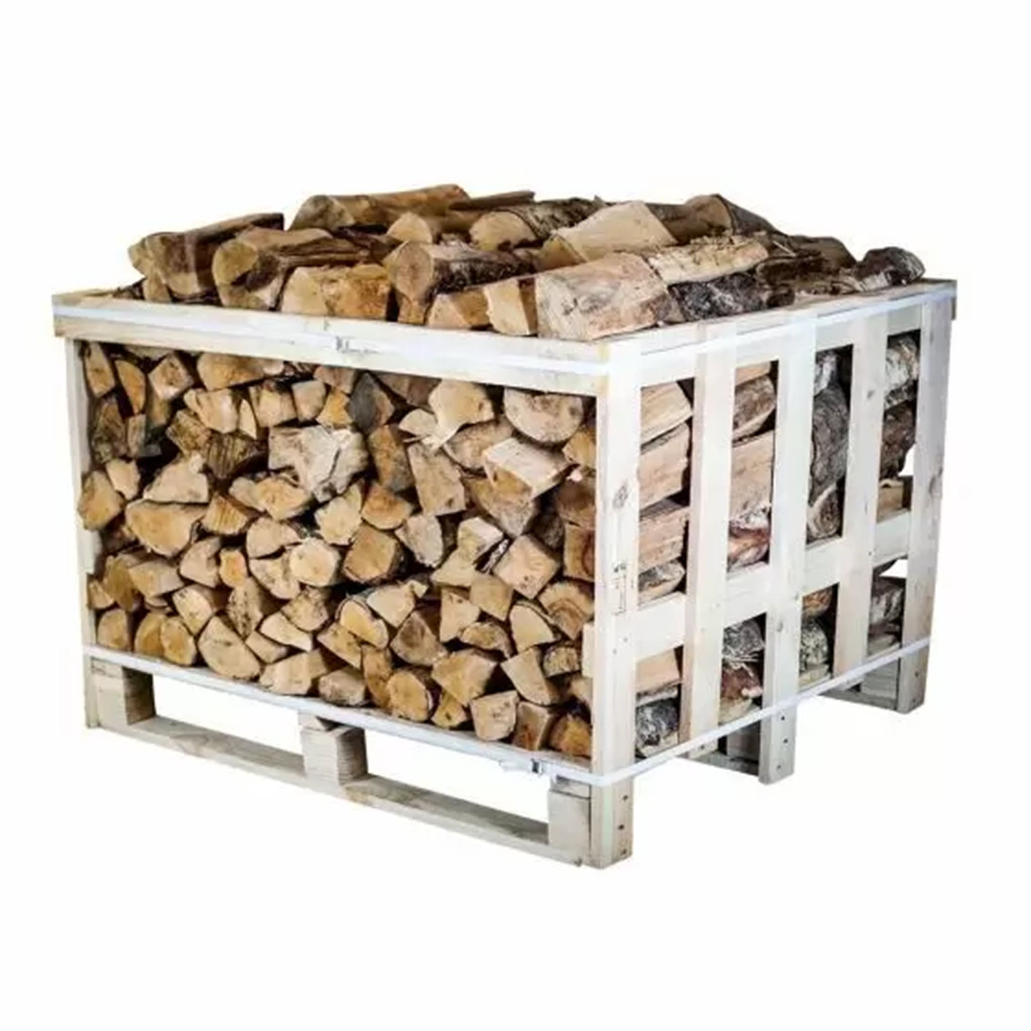 Stack of firewood in a white wooden crate on a white background