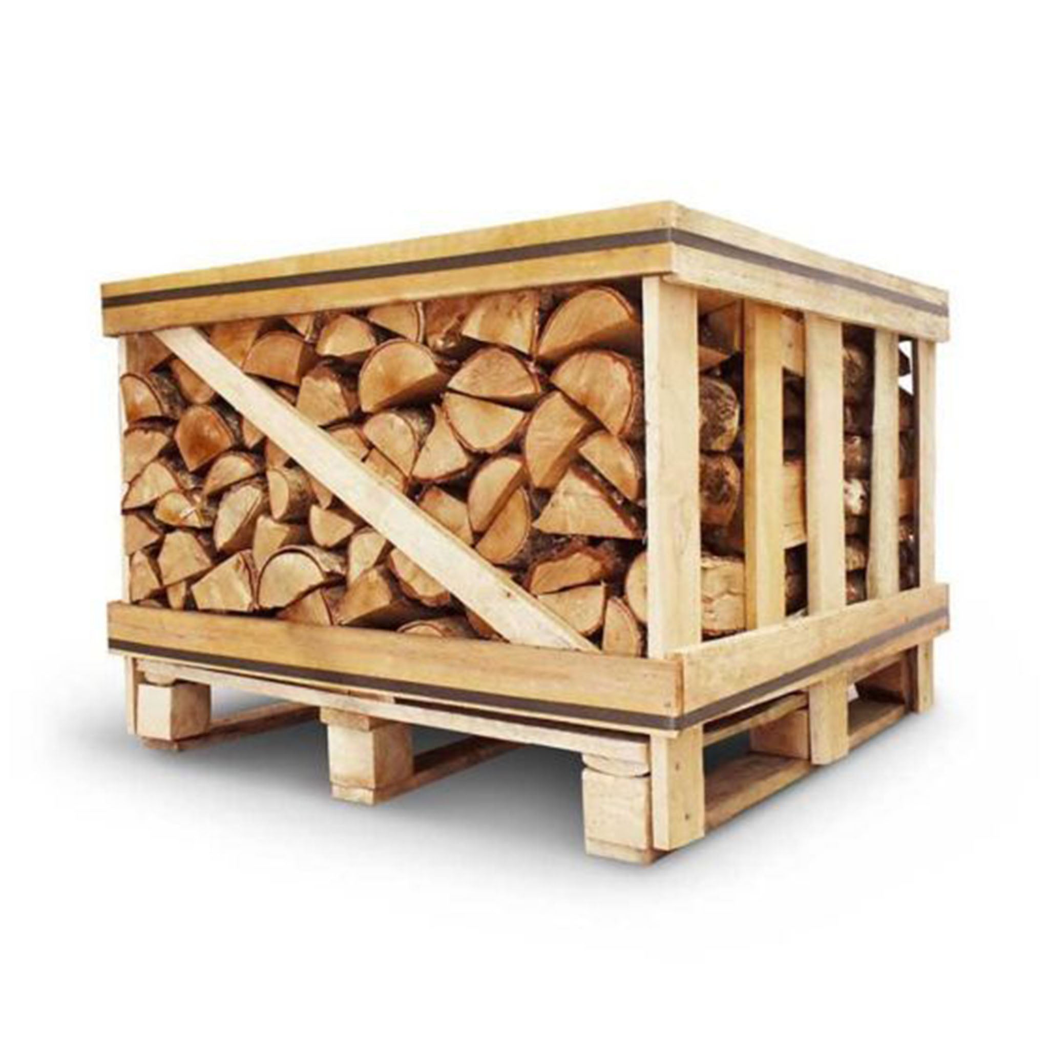 Wooden crate filled with firewood on a white background