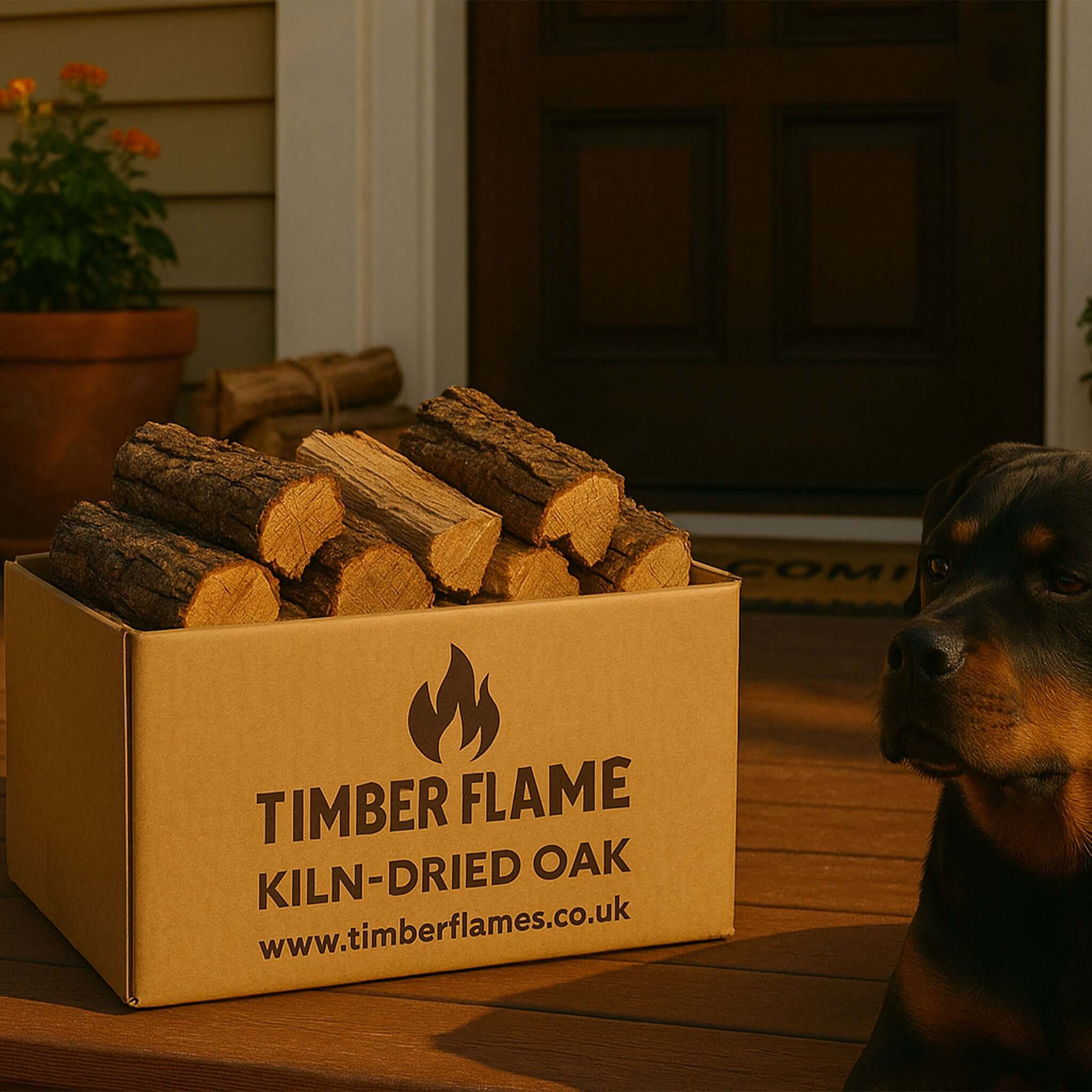 Box of Timber Flame kiln-dried oak logs with a dog in the foreground