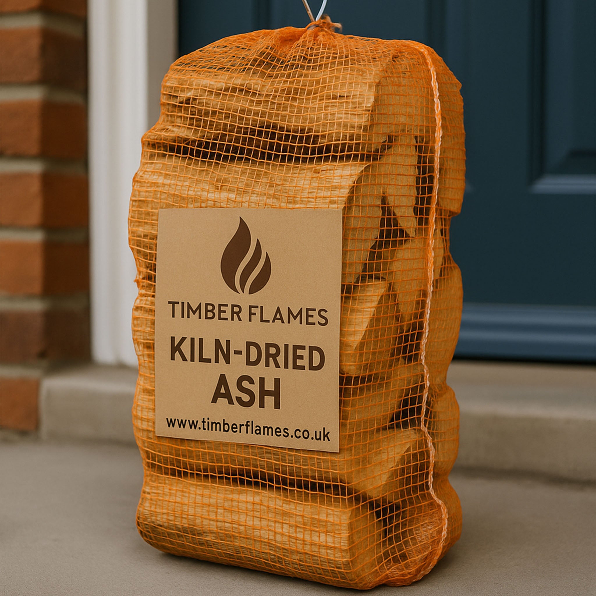 Bag of Timber Flames kiln-dried ash in front of a door.
