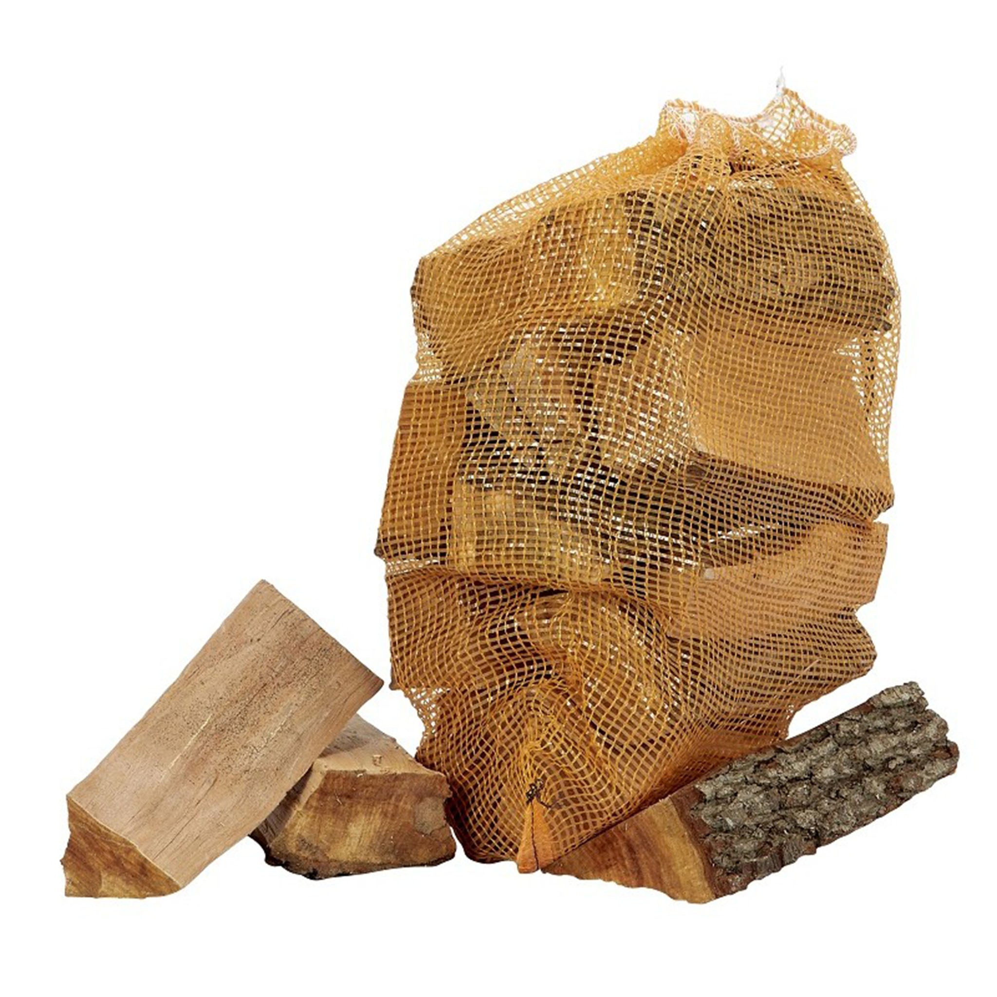 Mesh bag of firewood with logs on a white background